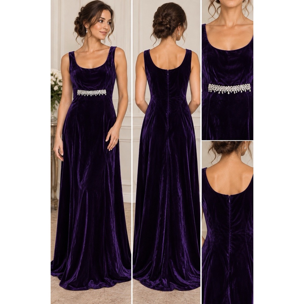 Vintage Purple Velvet Maxi Formal Dress Rhinestone Beaded Empire Waist Gown 10